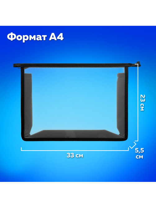 Папка для тетрадей А4 ПИФАГОР, пластик, молния сверху, прозрачная, черный, 272107