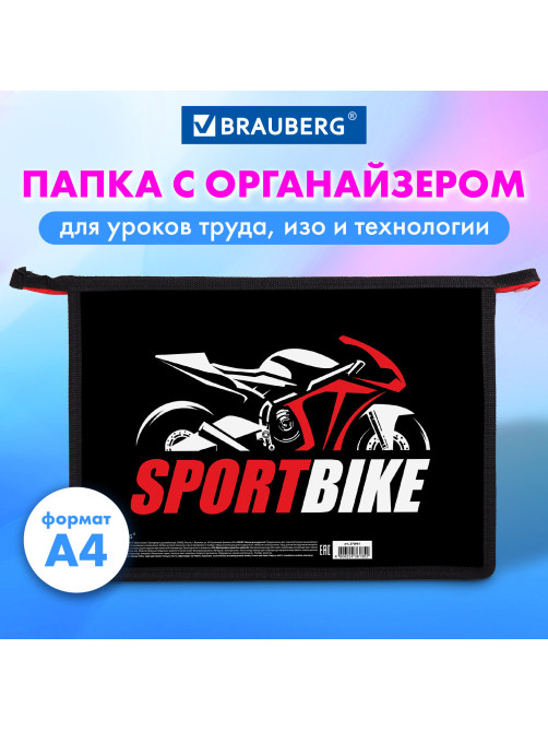Папка для труда на молнии BRAUBERG А4, 2 отделения, органайзер, 