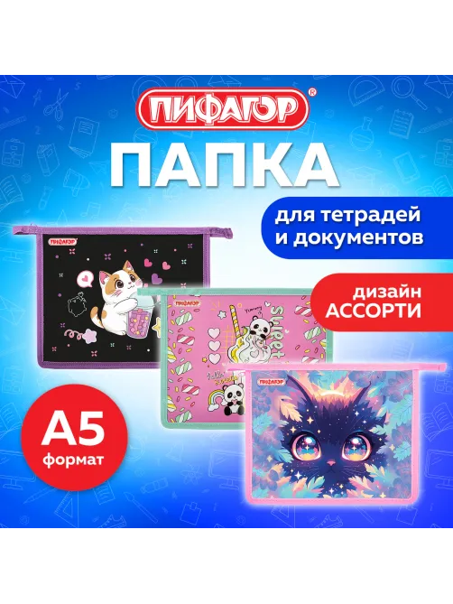 Папка для тетрадей ПИФАГОР А5, 1 отделение, пластик, на молнии, АССОРТИ для девочек, 274522