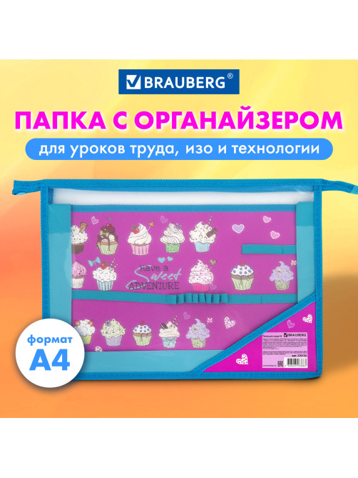 Папка для труда BRAUBERG А4, 2 отделения, пластик, молния сверху, органайзер, 