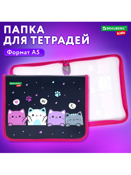 Папка для тетрадей BRAUBERG KIDS А5, 1 отделение, пластик, молния вокруг, 
