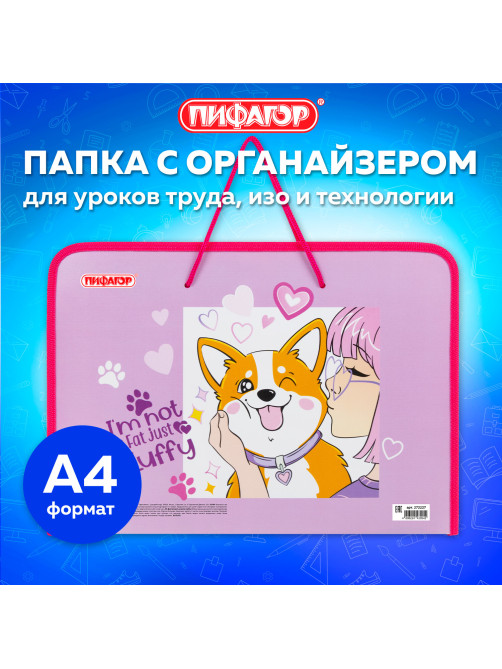 Папка для труда на молнии с ручками ПИФАГОР А4, 1 отделение, пластик, органайзер, 