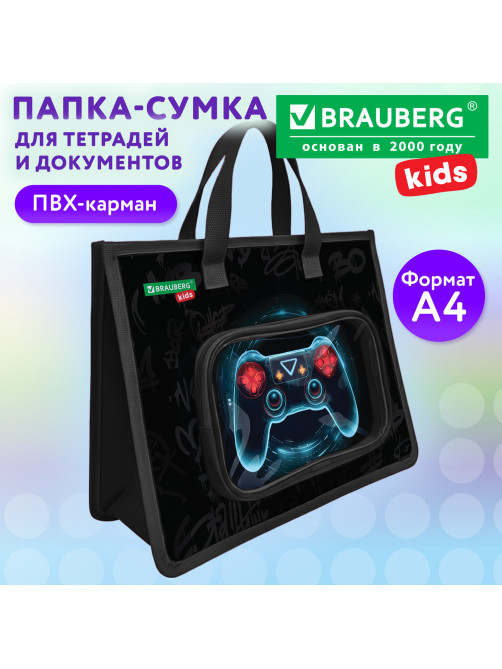 Папка на молнии с ручками BRAUBERG KIDS А4, 1 отделение, дополнительные карманы, пластик, 