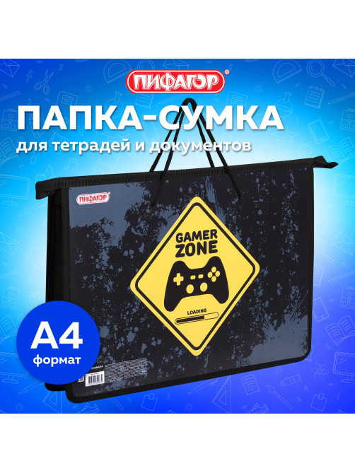 Папка на молнии с ручками ПИФАГОР А4, 1 отделение, пластик, ручки-шнурок, 