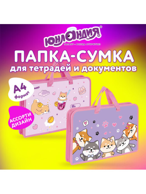 Папка на молнии с ручками ЮНЛАНДИЯ А4, 1 отделение, пластик, ширина 45 мм, АССОРТИ для девочек, 274487
