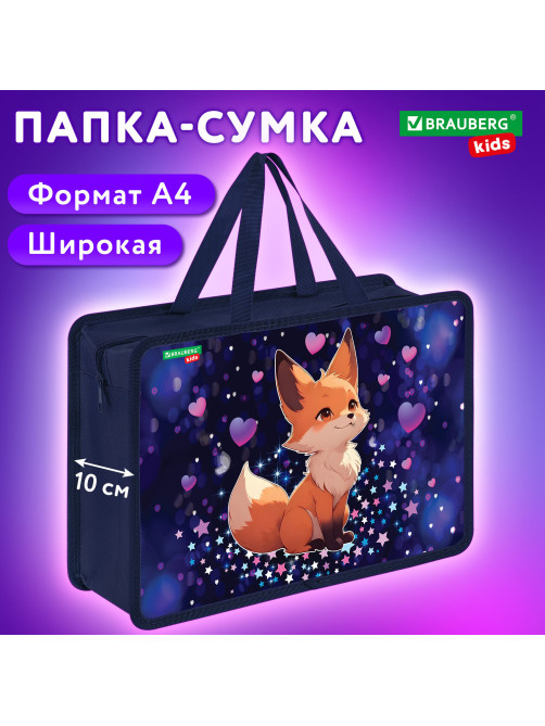 Папка на молнии с ручками BRAUBERG KIDS А4, 1 отделение, пластик, 100 мм, 