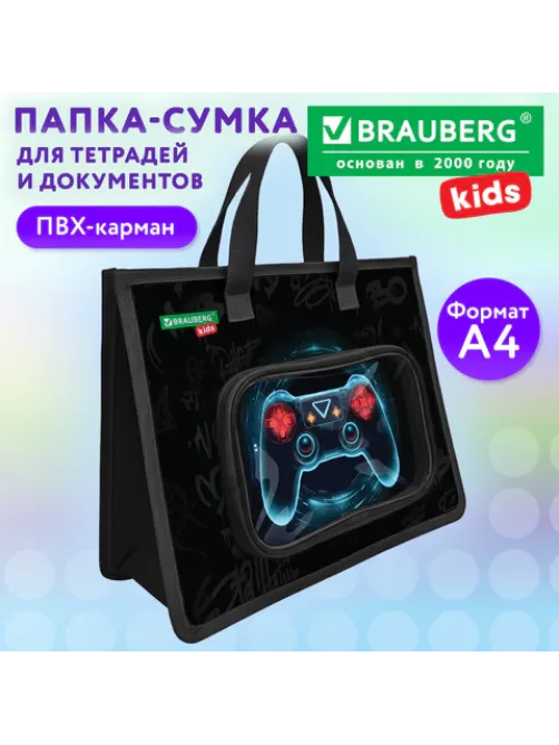 Папка на молнии с ручками BRAUBERG KIDS А4, 1 отделение, дополнительные карманы, пластик, 