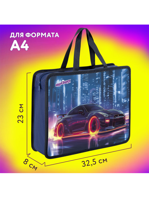 Папка на молнии с ручками ЮНЛАНДИЯ А4, 1 отделение, пластик, 80 мм, 