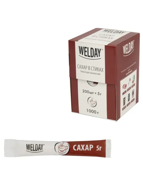 Сахар порционный OFFICE-BOX WELDAY (ВЭЛДЭЙ) в стиках по 5 г, 200 штук, 1 кг, 624095