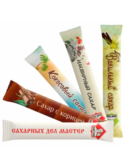 Сахар порционный, микс вкусов в стиках (ваниль, имбирь, кокос, корица, белый), 1 кг