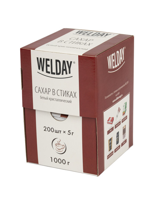 Сахар порционный OFFICE-BOX WELDAY (ВЭЛДЭЙ) в стиках по 5 г, 200 штук, 1 кг, 624095