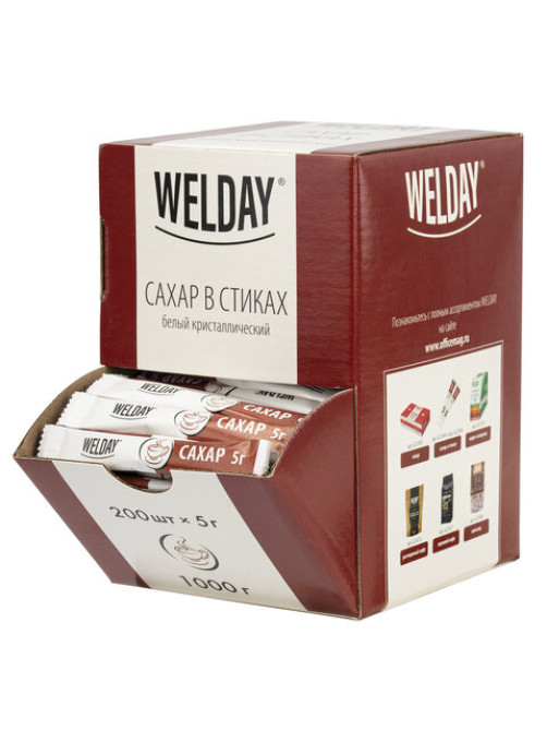 Сахар порционный OFFICE-BOX WELDAY (ВЭЛДЭЙ) в стиках по 5 г, 200 штук, 1 кг, 624095