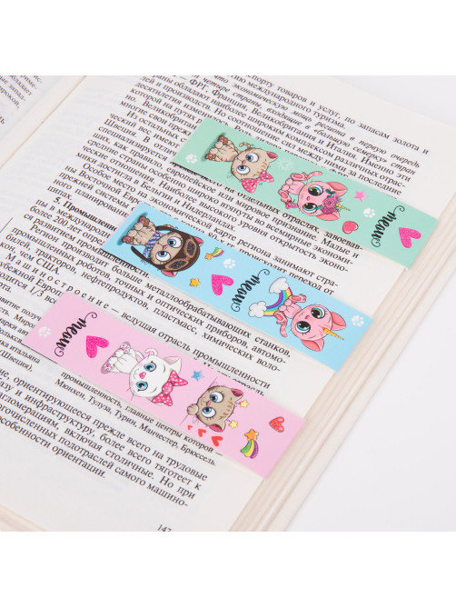 Закладки для книг с магнитом MEOW CATS, набор 6 шт., блестки, 25x196 мм, ЮНЛАНДИЯ, 113442
