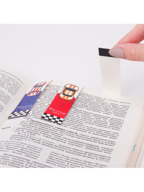 Закладки для книг с магнитом RACE CARS, набор 6 шт., блестки, 25x196 мм, ЮНЛАНДИЯ, 113446