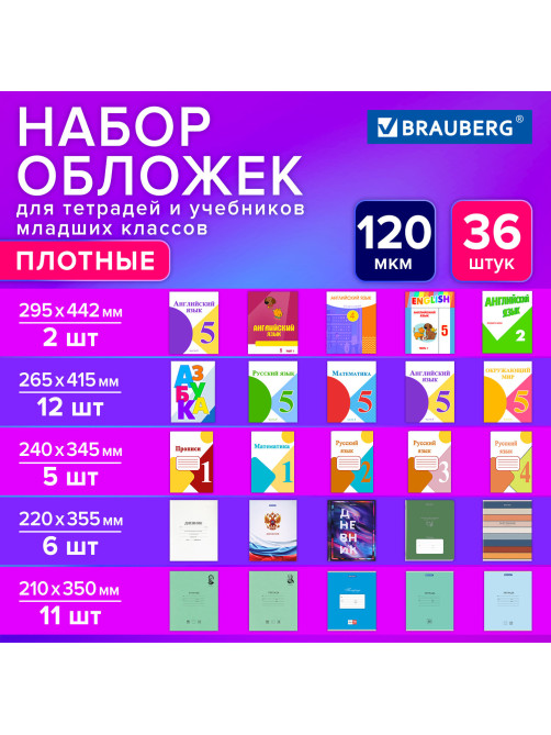 Обложки ПВХ для тетрадей и учебников младших классов, НАБОР 36 шт., ПЛОТНЫЕ, 120 мкм, универсальные, прозрачные, BRAUBERG, 274115