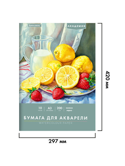Папка для акварели БОЛЬШАЯ А3, 10 л., 200 г/м2, 297х420 мм, BRAUBERG АКАДЕМИЯ, 
