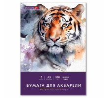 Бумага для акварели БОЛЬШАЯ А3 в папке, 15 листов, 300 г/м2, среднее зерно, BRAUBERG ART CLASSIC, 116354