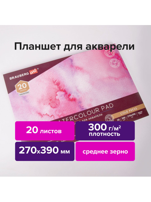 Папка для акварели/планшет, 300 г/м2, 270х390 мм, склейка, среднее зерно, 20 л., BRAUBERG ART PREMIERE, 113248