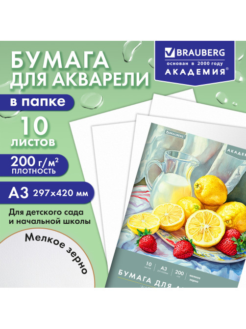 Папка для акварели БОЛЬШАЯ А3, 10 л., 200 г/м2, 297х420 мм, BRAUBERG АКАДЕМИЯ, 