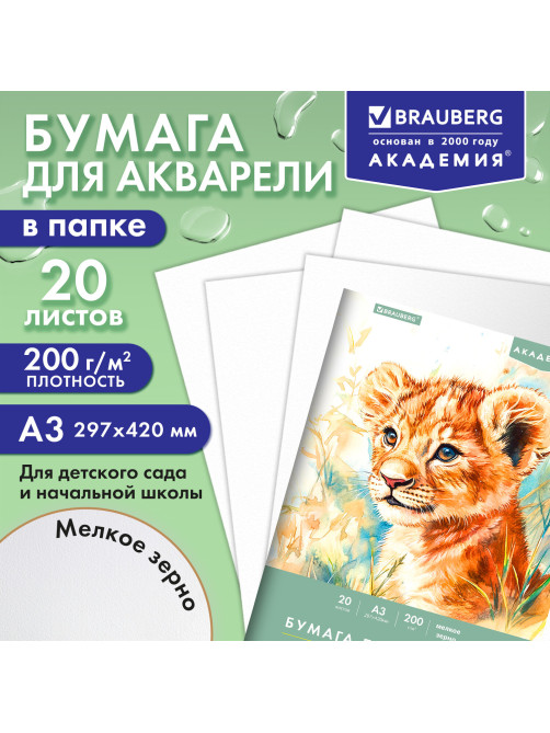 Папка для акварели БОЛЬШАЯ А3, 20 л., 200 г/м2, 297х420 мм, BRAUBERG АКАДЕМИЯ, 
