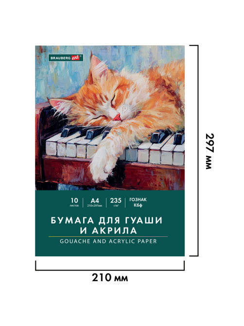 Бумага для гуаши и акрила А4 10 л., 235 г/м2, 210х297 мм, в папке, BRAUBERG ART CLASSIC, 