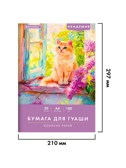 Бумага для гуаши А4 20 л., 180 г/м2, 210х297 мм, в папке, BRAUBERG АКАДЕМИЯ, 