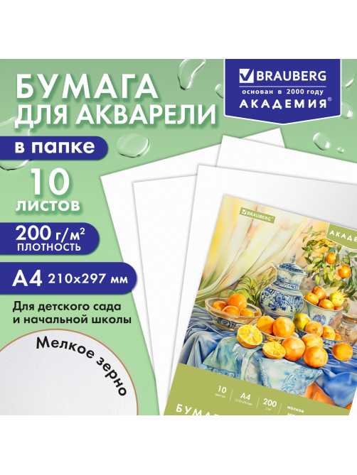 Папка для акварели А4, 10 л., 200 г/м2, 210х297 мм, BRAUBERG АКАДЕМИЯ, 