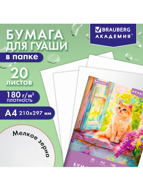 Бумага для гуаши А4 20 л., 180 г/м2, 210х297 мм, в папке, BRAUBERG АКАДЕМИЯ, 