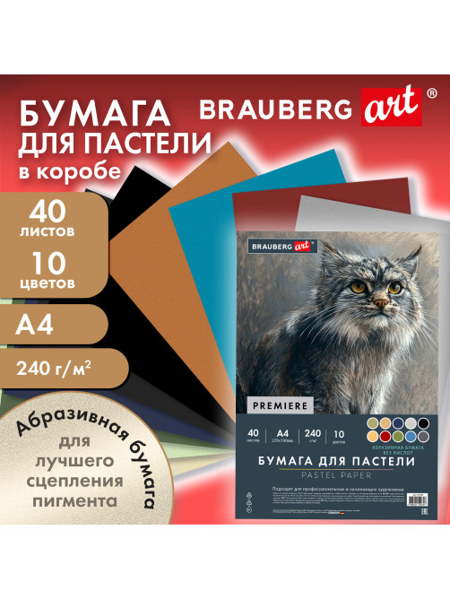 Бумага для пастели АБРАЗИВНАЯ А4 в коробке, 40 листов, 10 цветов, 240 г/м2, BRAUBERG ART, 117767