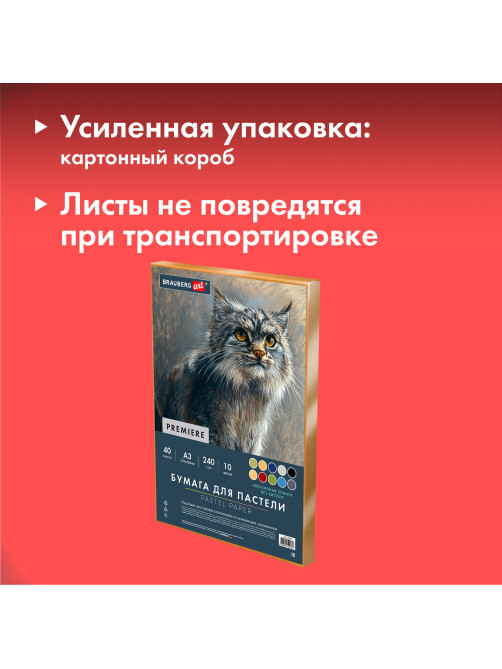 Бумага для пастели АБРАЗИВНАЯ А3 в коробке, 40 листов 10 цветов, 240 г/м2, BRAUBERG ART, 117768