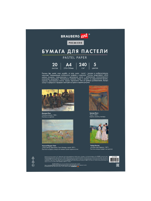 Бумага для пастели АБРАЗИВНАЯ А4 в папке, 20 листов, 5 цветов, 240 г/м2, BRAUBERG ART, 117763