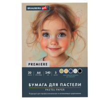 Бумага для пастели АБРАЗИВНАЯ А4 в папке, 20 листов, 5 цветов, 240 г/м2, BRAUBERG ART, 117763