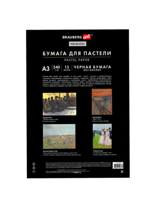 Бумага для пастели АБРАЗИВНАЯ А3 в папке, 15 листов, ЧЕРНАЯ, 240 г/м2, BRAUBERG ART, 117766