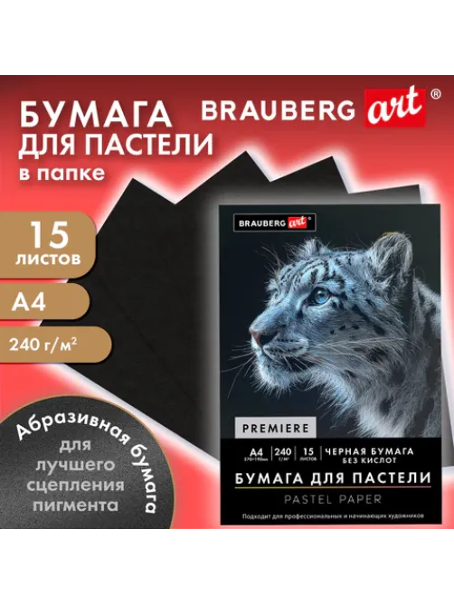 Бумага для пастели АБРАЗИВНАЯ А4 в папке, 15 листов, ЧЕРНАЯ, 240 г/м2, BRAUBERG ART, 117765