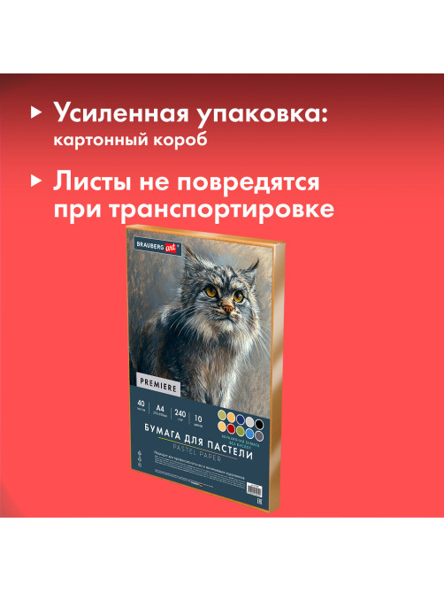 Бумага для пастели АБРАЗИВНАЯ А4 в коробке, 40 листов, 10 цветов, 240 г/м2, BRAUBERG ART, 117767