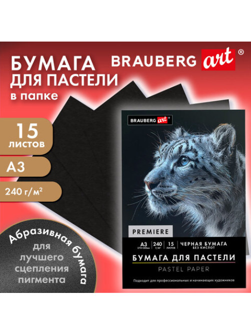 Бумага для пастели АБРАЗИВНАЯ А3 в папке, 15 листов, ЧЕРНАЯ, 240 г/м2, BRAUBERG ART, 117766