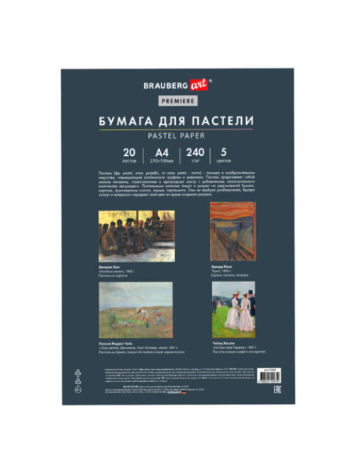 Бумага для пастели АБРАЗИВНАЯ А4 в папке, 20 листов, 5 цветов, 240 г/м2, BRAUBERG ART, 117763