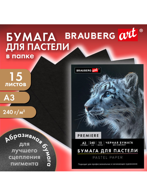 Бумага для пастели АБРАЗИВНАЯ А3 в папке, 15 листов, ЧЕРНАЯ, 240 г/м2, BRAUBERG ART, 117766