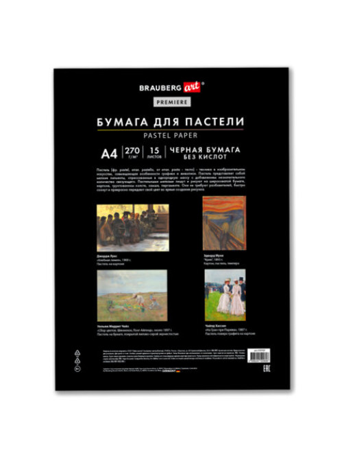 Бумага для пастели ФАКТУРНАЯ, А4, в папке, 15 листов, ЧЕРНАЯ, 270 г/м2, BRAUBERG ART, 117757
