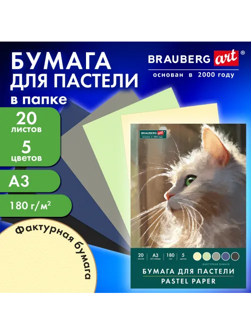 Бумага для пастели БОЛЬШАЯ А3 в папке, 20 листов, 5 цветов, 180 г/м2, BRAUBERG ART CLASSIC, 116346