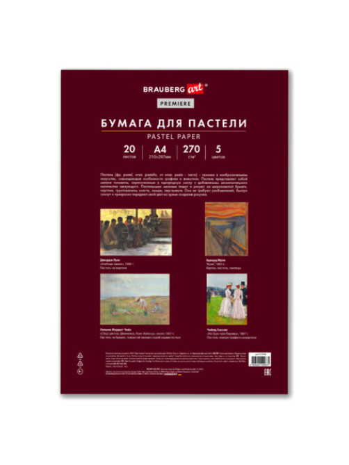 Бумага для пастели ФАКТУРНАЯ, А4, в папке, 20 листов, 5 цветов, 270 г/м2, BRAUBERG ART, 117755