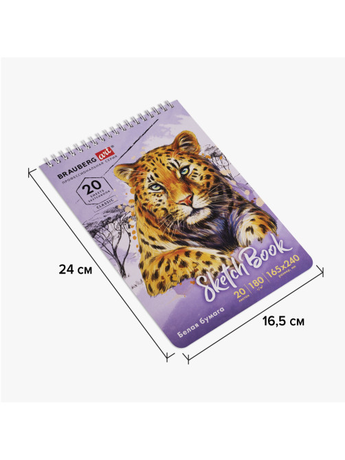 Скетчбук, белая бумага 180 г/м2, 165х240 мм, 20 л., гребень, твердая обложка, BRAUBERG ART CLASSIC, 112993