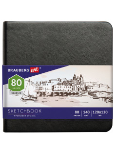Скетчбук, слоновая кость 140 г/м2 120х120 мм, 80 л., КОЖЗАМ, резинка, BRAUBERG ART CLASSIC, черный, 113191