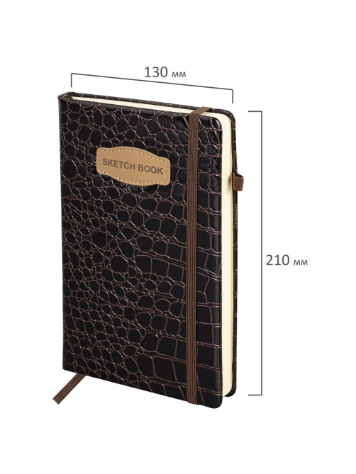 Скетчбук, слоновая кость 140 г/м2, 130х210 мм, 80 л., КОЖЗАМ, резинка, BRAUBERG ART CLASSIC, CROCO, коричневый, 116471
