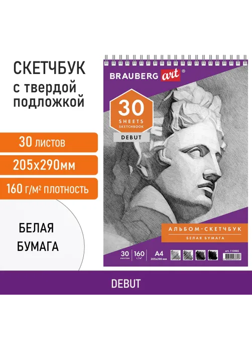 Скетчбук, белая бумага 160 г/м2, 205х290 мм, 30 л., гребень, жёсткая подложка, BRAUBERG ART DEBUT, 110985