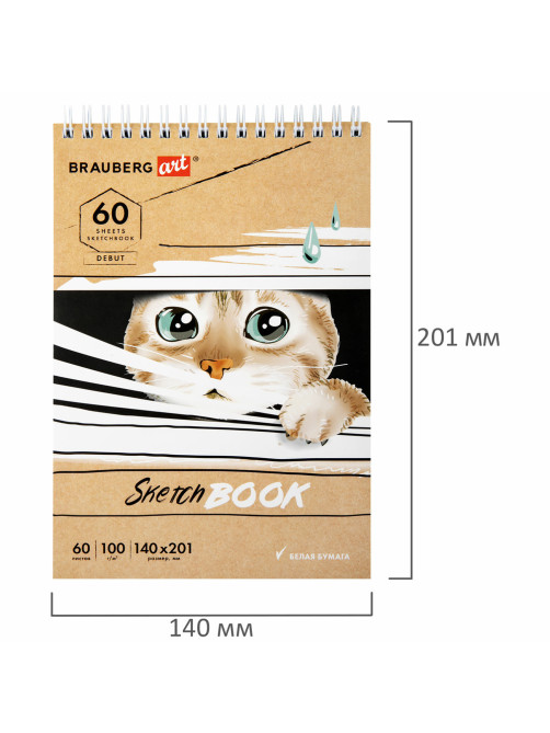 Скетчбук, белая бумага 100 г/м2, 140х201 мм, 60 л., гребень, жёсткая подложка, BRAUBERG ART DEBUT, 