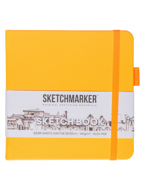 Скетчбук, слоновая кость, 140 г/м2, 120х120 мм, 80 л., КОЖЗАМ, резинка, SKETCHMARKER, 4 цвета НЕОН, 8011, 23148011OFM