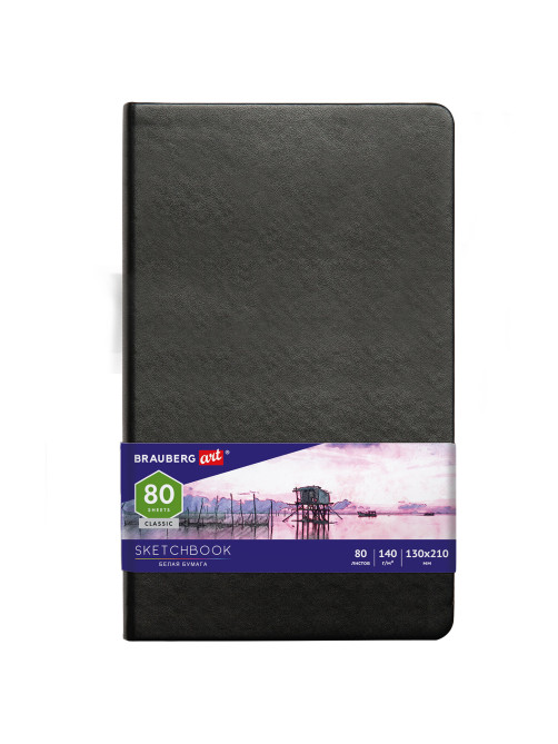 Скетчбук, белая бумага 140 г/м2 130х210 мм, 80 л., КОЖЗАМ, резинка, BRAUBERG ART CLASSIC, черный, 113183
