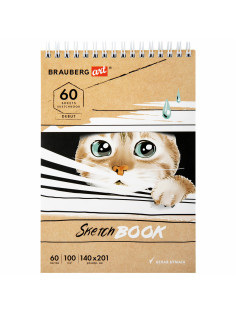 Скетчбук, белая бумага 100 г/м2, 140х201 мм, 60 л., гребень, жёсткая подложка, BRAUBERG ART DEBUT, 