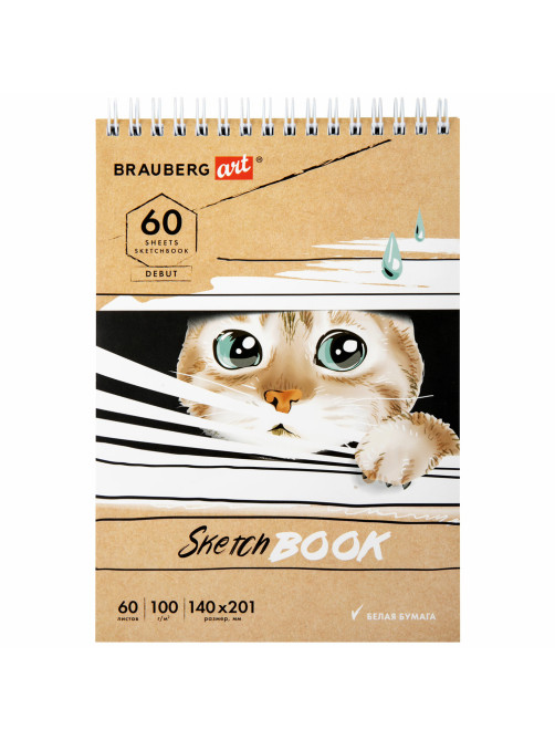 Скетчбук, белая бумага 100 г/м2, 140х201 мм, 60 л., гребень, жёсткая подложка, BRAUBERG ART DEBUT, 
